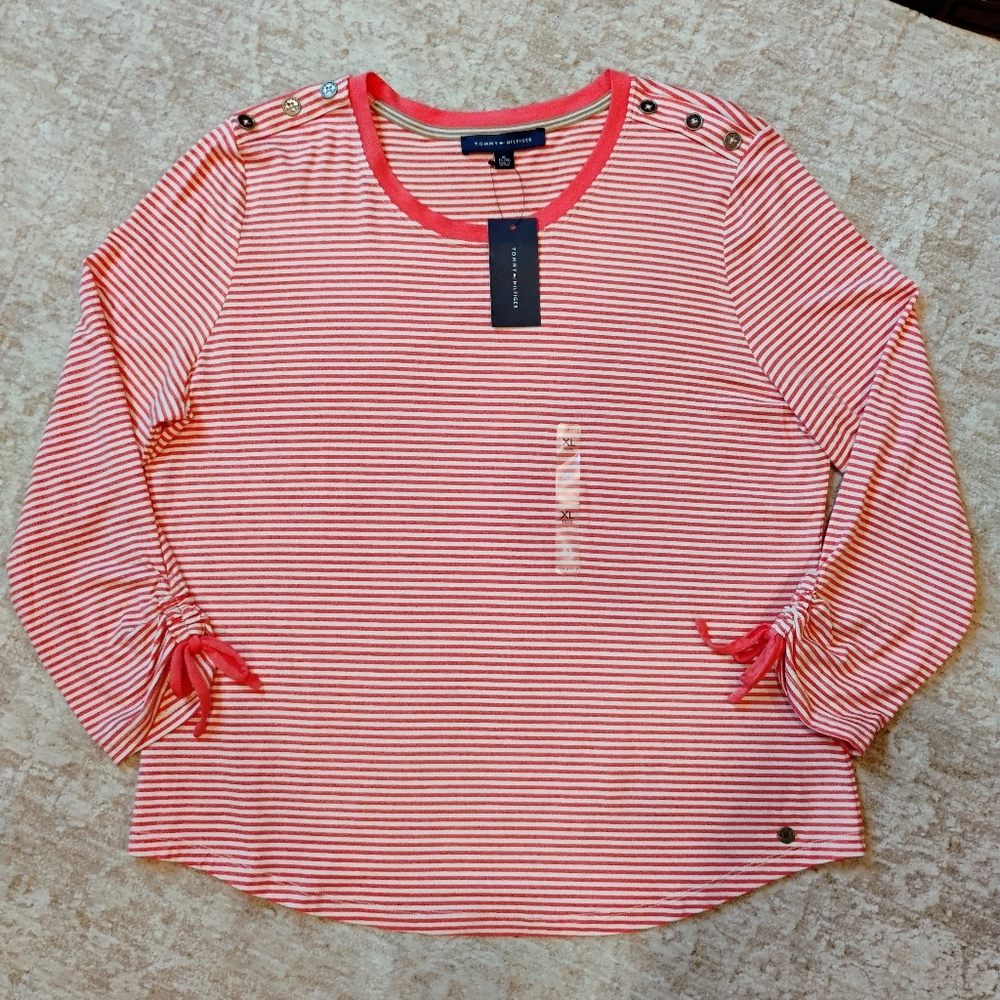 NWT XL Tommy Hilfiger Mallorca Terra Cotta Striped Ruched Sleeve Knit Top NEW